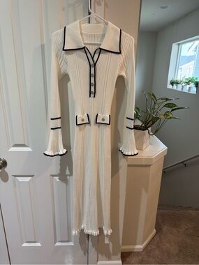 Commense Cream Ribbed Maxi Polo Dress with Black Trim